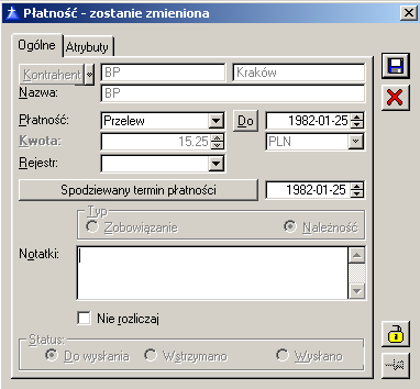 Płatność, zakładka: Ogólne Rys. 9.63 Płatność. Na tej zakładce moŝna modyfikować formę płatności, datę, rejestr, do którego trafi płatność, spodziewany termin płatności.