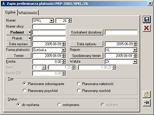 Rys. 9.75 Zapis preliminarza płatności. Podmiot słuŝy do wyboru podmiotu, z którym związany jest dany zapis. Po naciśnięciu przycisku domyślnie otwiera się lista: Kontrahenci.