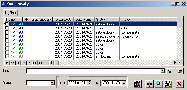 Lista kompensat składa się z sześciu kolumn: Rys. 9.79 Lista kompensat. Numer numer kompensaty nadany przez system, Numer zewnętrzny numer nadany przez UŜytkownika (np.