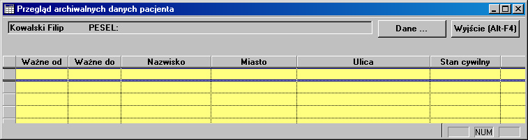 4.2.4.2 Przegląd archiwalnych danych pacjenta Lokalizacja: Menu Skorowidz>Przycisk Poleceń [Przegląd F5]>Przycisk Poleceń [Archiwum] Przegląd uruchamiamy za pomocą przycisku Archiwum.