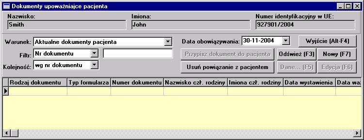 Rodzaj wyszukiwania: Domyślnie w tabeli są widoczne tylko dokumenty powiązane z bieżącym użytkownikiem, aby wybrać inny dokument (w przypadku ubezpieczenia członka rodziny) należy zmienić Warunek na