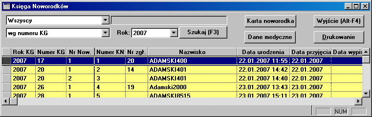 4.3.4 Księga Noworodków Lokalizacja: Menu Księgi>Księga Noworodków Księga Noworodków to ewidencja wszystkich noworodków urodzonych w szpitalu; ich dane są powiązane z danymi matek wpisanych w oknie