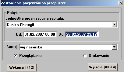 4.4.4.2 Zestawienie wg czasu pobytu, rozpoznania Lokalizacja: Raporty>Zestawienie pacjentów>wg czasu pobytu, rozpoznania Na wstępie należy wybrać odpowiednią wartość z rozwijalnej listy w części