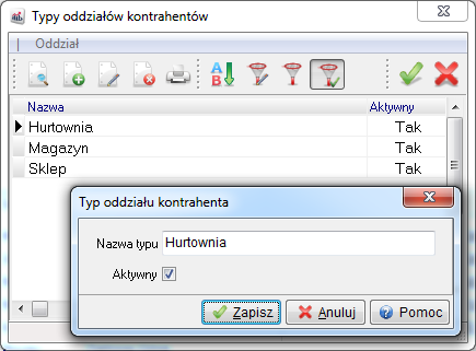 Nowy oddział edytujemy wybierając opcję dodawania lub klawisz funkcyjny <F3> : W polu Typ oddziału użytkownik wybiera ze słownika lub z listy rozwijanej odpowiedni typ.