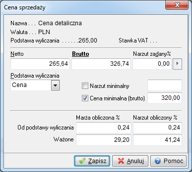 Wybranie jednej z opcji dla Marża/Narzut włącza wyświetlanie kolumn z informacją o marży i narzucie dla wprowadzonych cen sprzedaży w stosunku do ostatniej ceny zakupu towaru.