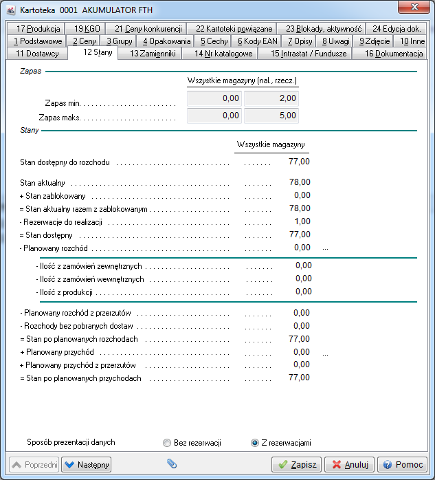 Nowy widok stanów zawiera pozycje: Stan dostępny do rozchodu stan, który można rozchodować na dokumencie rozchodu nie realizującym zamówienia (wzór: Stan dostępny Stan zablokowany + Ilość