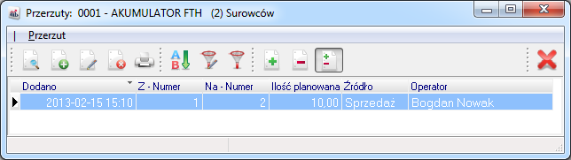 Okno poniżej przedstawia przygotowanie przerzutu towaru z Magazynu głównego na Serwis: Opcja Podsumowanie uruchamia zestawienie, w którym można podsumować zaplanowane i niezrealizowane przerzuty.