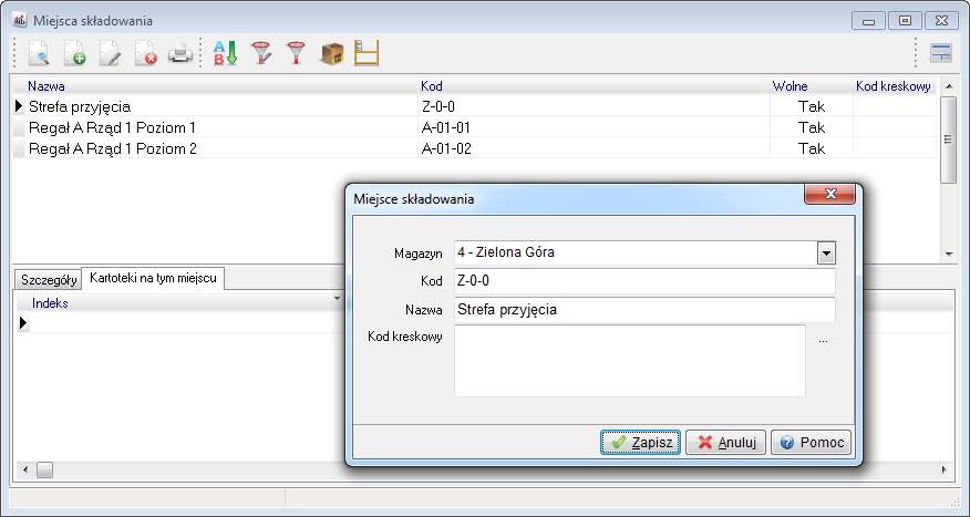 Po ustawieniu tego parametru w menu Słowniki dostępne będą Miejsca składowania dla magazynów, w których definiujemy kolejne miejsca składowania.