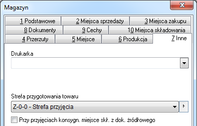 Dla definicji magazynu, która ma włączoną obsługę miejsc składowania, dostępna jest dodatkowa zakładka: Miejsca składowania, na której znajduje się lista podpiętych miejsc składowania.