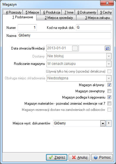 W okno Magazyn wbudowane zostały zakładki, w których należy zdefiniować odpowiednie informacje dotyczące zakładanego magazynu: 1. Podstawowe: Numer numer magazynu w module. Kod na wydruk dok.