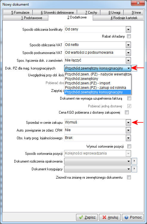 W menu Słowniki Definicje dokumentów utworzyć nowy dokument WZ konsygnacyjny i na zakładce Dodatkowe, wybrać w polu Dok. PZ dla mag.