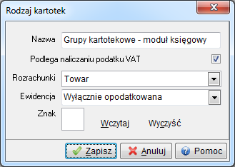 1.10.6 Rodzaje kartotek Opcja ta zawiera predefiniowaną listę rodzajów kartotek. Oznacza to, że użytkownik nie może założyć nowej kartoteki, lecz powinien skorzystać z tych proponowanych przez system.