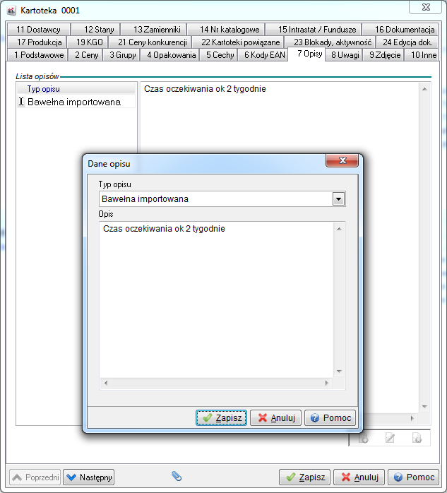 1.10.11 Typy opisów kartotek Słownik Typy opisów kartotek znajduje się w menu Słowniki Słowniki dla kartotek. Umożliwia on definiowanie opisów dla kartotek.