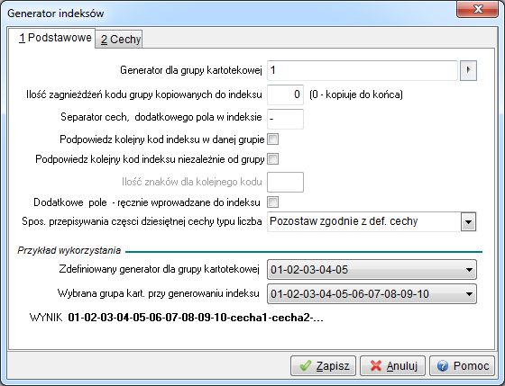 Zdefiniować słownik: Generator indeksów (menu Słowniki Słowniki dla kartotek Generator indeksów). Nowy generator utworzymy wybierając przycisk: Dodaj <F3>.