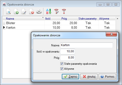 Próg określa minimalną ilość, przy której wydawane jest kolejne opakowanie. Jeśli wprowadzone parametry są za każdym razem takie same dla opakowania, to zaznaczymy opcję Stałe parametry opakowania.