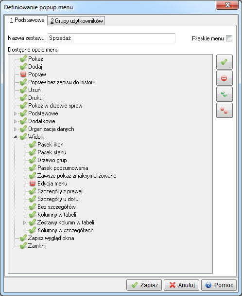 Dodatkowo w menu Widok administrator systemu ma dostęp do opcji Edycja menu, która umożliwia definiowanie menu podręcznego, czyli wyłączania niektórych opcji z menu dla danych grup użytkowników.