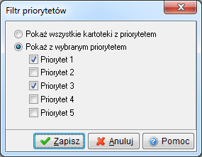 Priorytety te nadaje się w w/w oknach za pomocą skrótów klawiszowych: Ctrl+1, Ctrl+2, Ctrl+3, Ctrl+4, Ctrl+5 lub w menu kontekstowym, po wyborze opcji Priorytet (skrót Ctrl+0 usuwa priorytet).