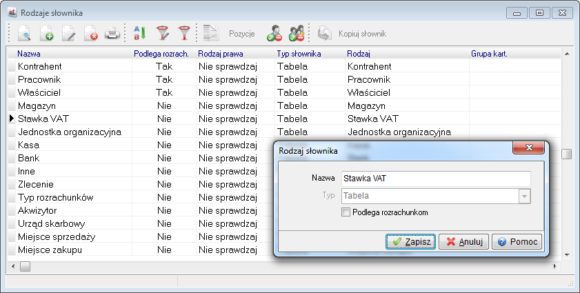 Opcja Podlega rozrachunkom jest widoczna tylko w wersji Prestiż systemu. Dla słowników definiowanych, umożliwiono ograniczenie dostępu do wybranych pozycji słowników.