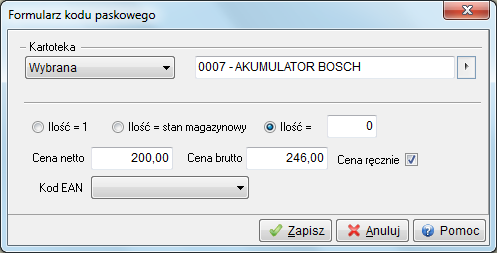 Po wybraniu towaru na ekranie wyświetlone zostanie okno edycyjne pozycji dokumentu bilansu. Jest ono identyczne jak okna pozycji dla dokumentów magazynowych, zakupowych i sprzedażowych.