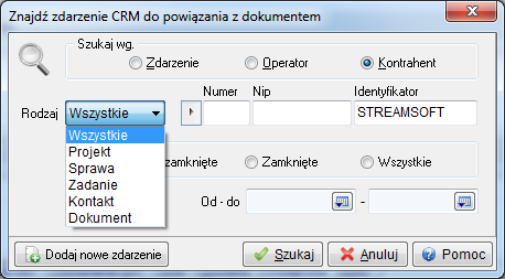 6. Powiązania w zakładce tej użytkownik może powiązać dany dokument ze zdarzeniem w module CRM. Po wybraniu ikony: w sekcji Powiązania, uzyskujemy dostęp do menu, z którego wybieramy opcję Dodaj <F3>.