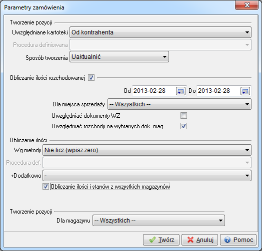 UWAGA! W opcji Twórz zamówienie <Shift+F3>, uruchamianej w oknie edycji konkretnego zamówienia i opcji Dodaj grupę zamówień <Ctrl+F3>, uruchamianej w oknie z dokumentami zamówień można, m.in.