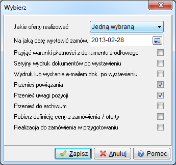 Realizację oferty umożliwia ikona lub kombinacja klawiszy <Ctrl+R>: Określamy jakie oferty będziemy realizować i podajemy datę na jaką zostanie wystawione zamówienie.