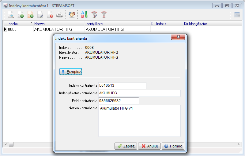 W oknie wyświetlone są indeksy oraz identyfikatory z zamiennikami.