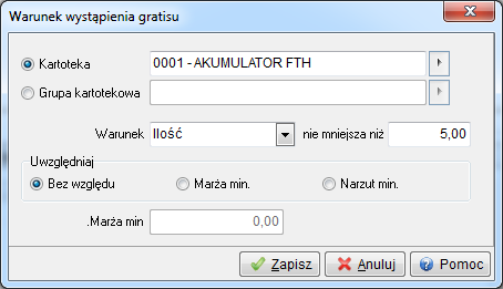 W oknie Definicja gratisu wbudowane są zakładki: 1.