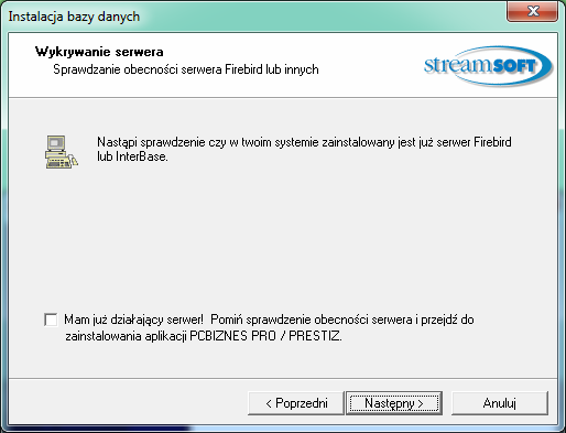 Zalecane jest, aby nie zaznaczać opcji pominięcia sprawdzania obecności serwera i nacisnąć przycisk <Następny>.