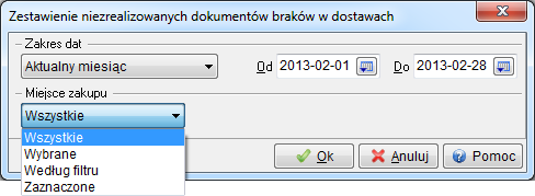 Operator systemu, podczas definiowania parametrów zestawienia, ma możliwość wyboru miejsca sprzedaży dla zamówień zewnętrznych oraz możliwość wyboru magazynu dla zamówień wewnętrznych.