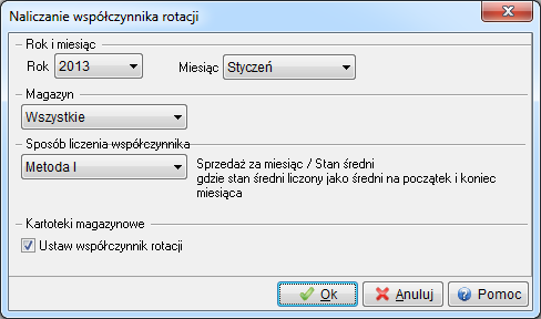 Podczas naliczania współczynnika rotacji lub zalegania należy podać zakres dat, którego będzie dotyczyć zestawienie. Określamy również magazyn, dla którego te współczynniki zostaną obliczone.