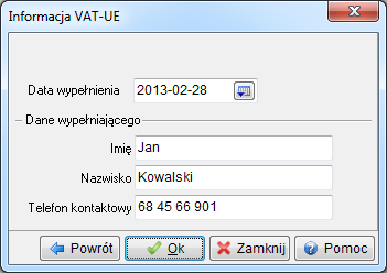 Informacja VAT -UE Parametry, które należy określić przy wystawianiu informacji o VAT - UE, to odpowiedni Rok i Kwartał.