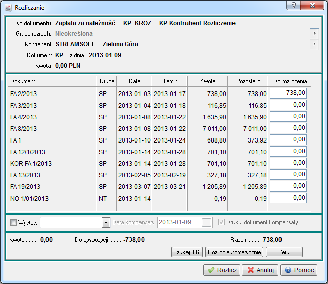 Użytkownik, dla każdego z dokumentów z listy, określa kwotę rozliczenia, przy czym, nie może ona przekraczać kwoty pozostałej do rozliczenia, a suma kwot rozliczeń wszystkich dokumentów, nie może być