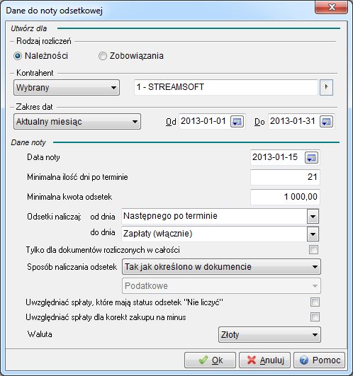 Ponadto, przygotowując notę należy określić: datę, z jaką nota zostanie wystawiona, okres, za który program będzie analizował spłaty dokumentów, minimalną ilość dni po terminie sprawdzana dla każdej