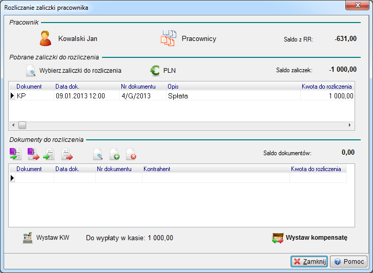 Użytkownik może wybrać ze spisu należności i zobowiązań pracownika żądaną do rozliczenia zaliczkę, zmienić jej walutę oraz rozliczyć takie dokumenty jak sprzedaż/zakup w module Handlowo- Magazynowym