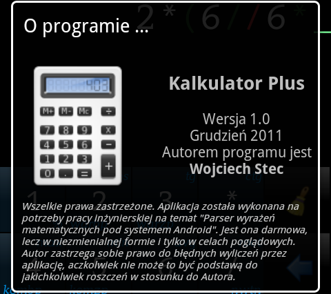 Rys 5.7 Okno przedstawiające informacje na temat programu Kalkulator Plus. Źródło własne. W powyższym listingu (Listing 5.