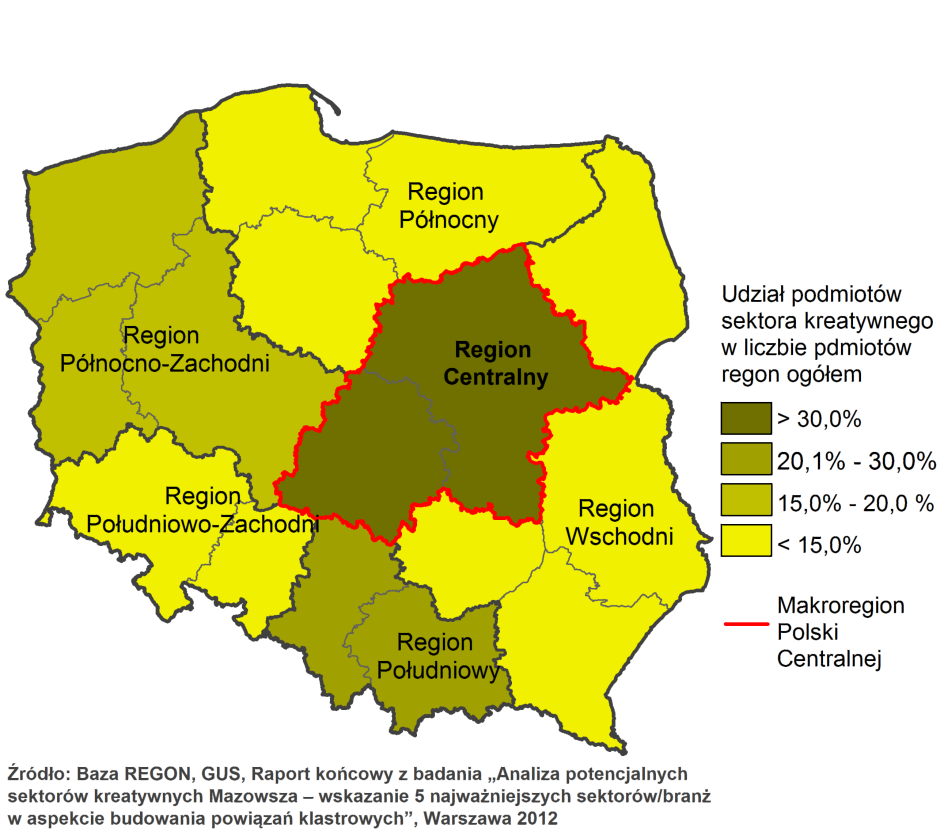 27 Obszar MPC charakteryzuje się wysoką koncentracją podmiotów zarejestrowanych w sektorze kreatywnym 5. W 2012 r.