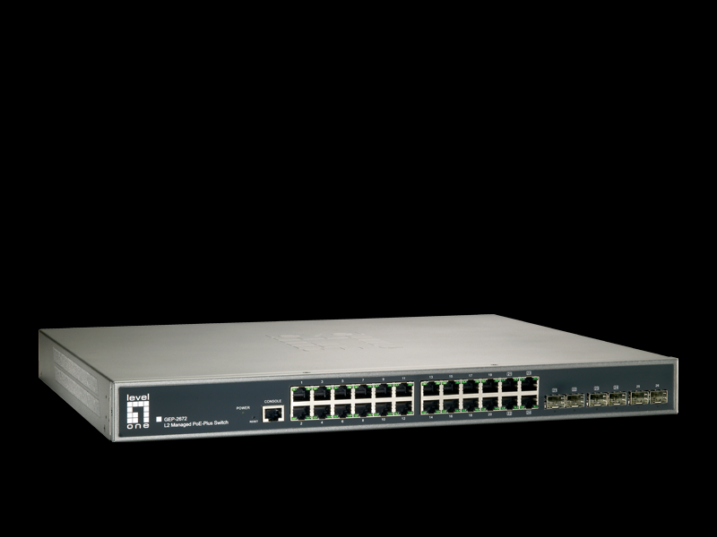 3af/at compliant to provide power and data over a single Ethernet cable to the PoE device, with total power budget of 370W, up to 30W per port.