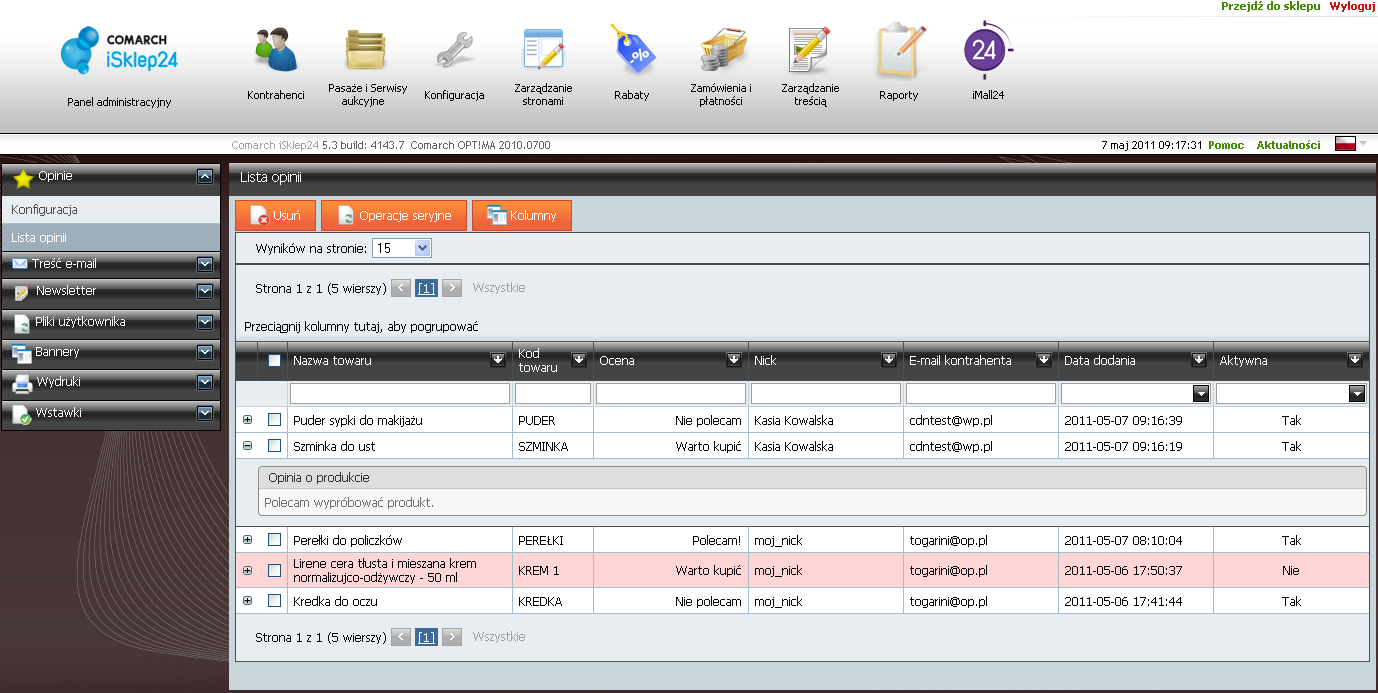 Str. 126 Moduł isklep24 v. 5.3 Rys. 152 Panel administracyjny, Zarządzanie treścią, Opinie, Lista opinii.