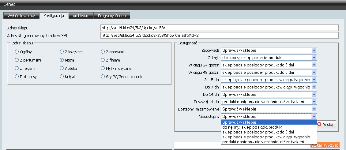 Podręcznik Użytkownika systemu Comarch OPT!MA Str. 29 W zakładce Konfiguracja dla porównywarek Ceneo i Okazje.