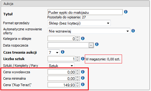 Podręcznik Użytkownika systemu Comarch OPT!MA Str. 49 Uwaga: Formularz aukcji zawiera takie same obszary jak formularz tworzenia szablonu z podmenu Szablony.