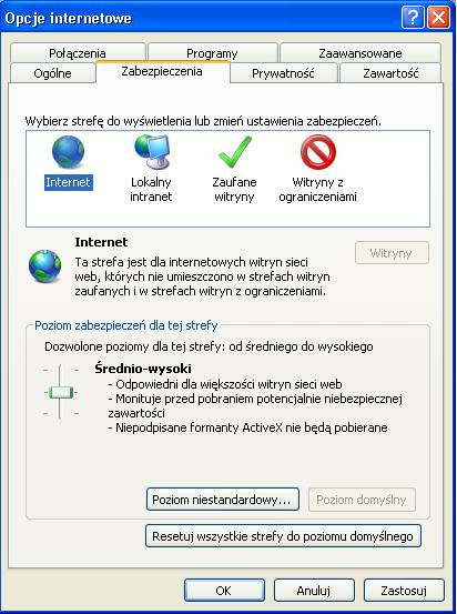 Jeżeli użytkownik stosuje niestandardowy poziom zabezpieczeń, to dodatkowo po naciśnięciu przycisku powinny być wybrane następujące ustawienia: w części Formant ActiveX i dodatki plungin powinna być