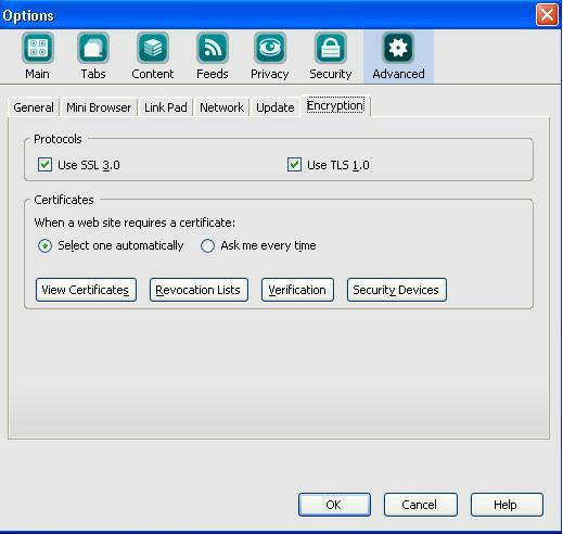 Konfiguracja protokołów SSL. W opcji Advanced w sekcji Encryp tion i zaznaczyć parametry: Use SSL 3.0, Use TLS 1.0 oraz zatwierdzić wprowadzone zmiany przyciskiem OK. Konfiguracja cache przeglądarki.