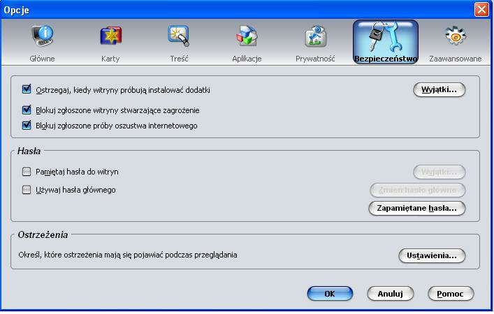 W opcji Bezpieczeństwo należy: zaznaczyćparametr Ostrzegaj, kiedy witryny próbuj ą instalować dodatki, zaznaczyćparametr Blokuj zgłoszone witryny stwarzaj ące zagrożenie, zaznaczyćparametr Blokuj