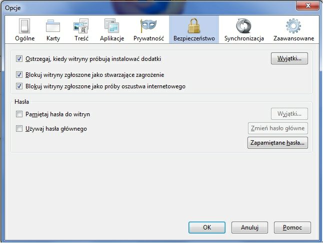 W opcji Bezpieczeństwo należy: zaznaczyć parametr Ostrzegaj, kiedy witryny próbuj ą instalować dodatki, zaznaczyć parametr Blokuj zgłoszone witryny stwarzaj ące zagrożenie, zaznaczyć parametr Blokuj