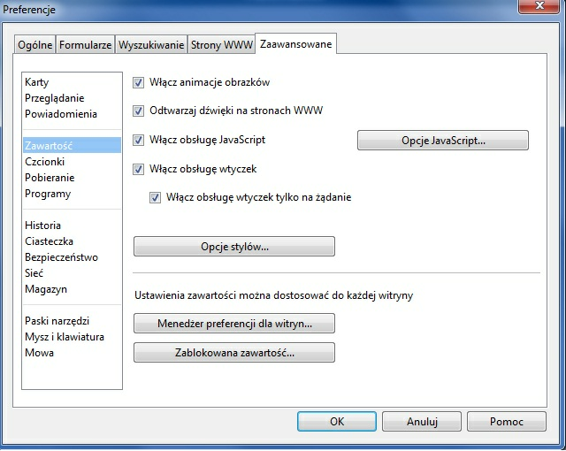 Włącz obsługę JavaScript po kliknięciu przycisku Opcj e JavaScript.