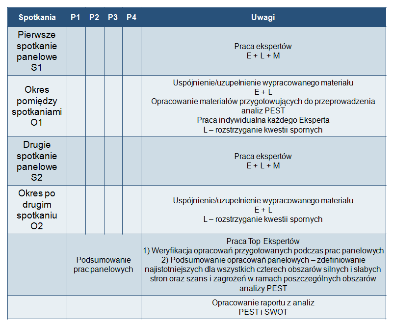 Rysunek 4: Układ prac panelowych Do każdego z wymienionych wcześniej obszarów tematycznych został dedykowany oddzielny panel (odpowiednie oznaczenia od P1 do P4), w skład którego wchodzili: Eksperci