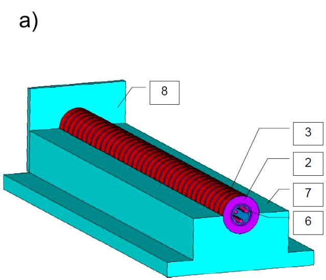 11, b) Model numeryczny fragmentu LO do obliczeń szczegółowych pola temperatury dla jednorodnego obciążenia mocą strat; 1 - obejma dociskowa, 2 - nabiegunnik, 3 - magnes pierścieniowy, 4 - osłona