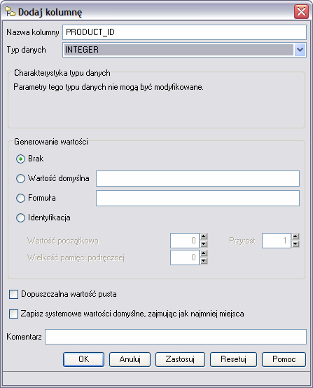 Rozdział 8 Praca z obiektami bazy danych 121 Wpisz nazwę kolumny product_id i zaznacz typ danych: INTEGER. Odznacz Dopuszczalna wartość pusta i naciśnij przycisk Zastosuj, aby zdefiniować kolumnę.