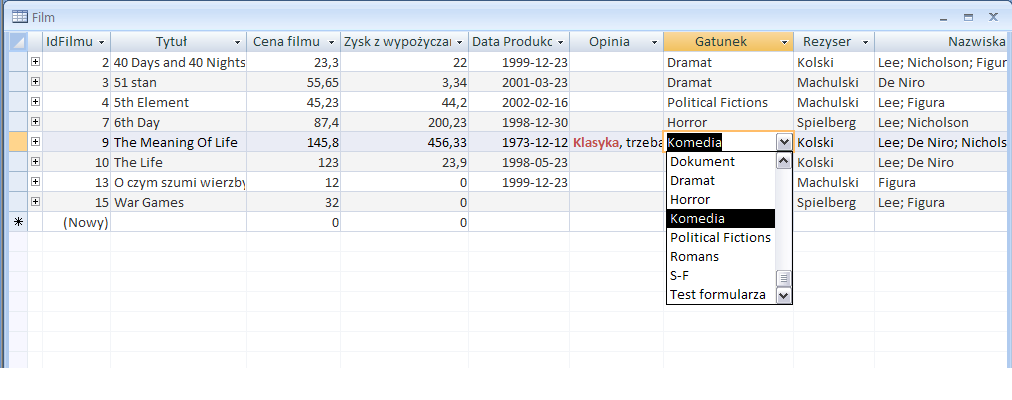 4. Aby przekonad się, czy możliwe jest wpisanie filmów bez jednoczesnego określenia gatunku, reżysera, czy aktora, wprowadź przykładowe dane o filmach. 5.